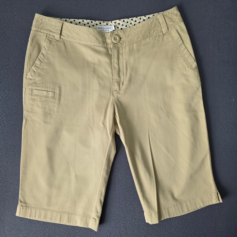 Ashworth Performance Golf Shorts Womens 6 Khaki Tan Polka Dot Waistband 10.5" L